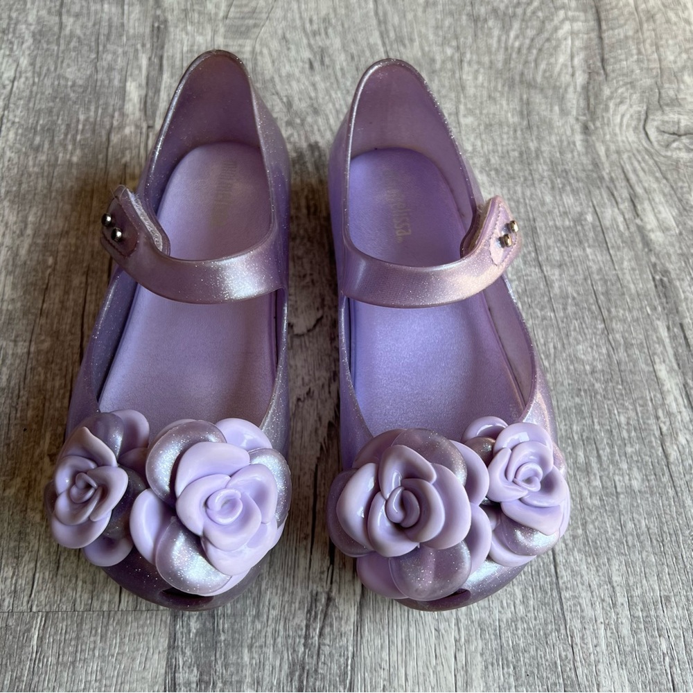 Mini Melissa Girls Purple Glitter Floral Mary Jane Shoes